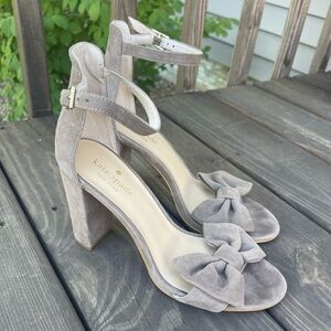 kate spade Taupe Suede Bow Ankle-Strap Block Heels